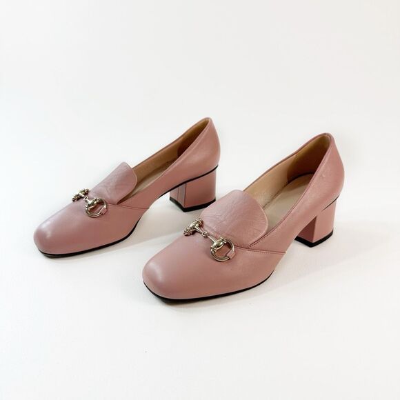 GUCCI Blush Pink Kira Horsebit Square Toe Pump 38 US 8 Leather Block Mid Heel - Picture 12 of 12